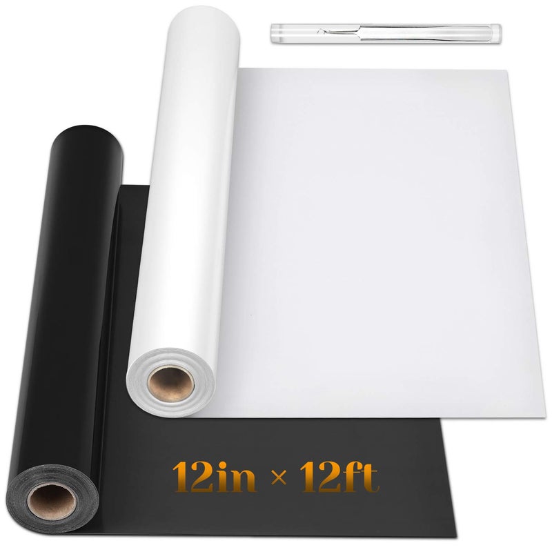 Flasoo 12" x 24ft Heat Transfer Vinyl Rolls, Flasoo 2 Rolls Black and White HTV Iron on Vinyl for Shirts, Compatible with All Cutting Machine, Easy to Cut & Weed (12 Inches by 12 Feet Per Roll) - Image 1